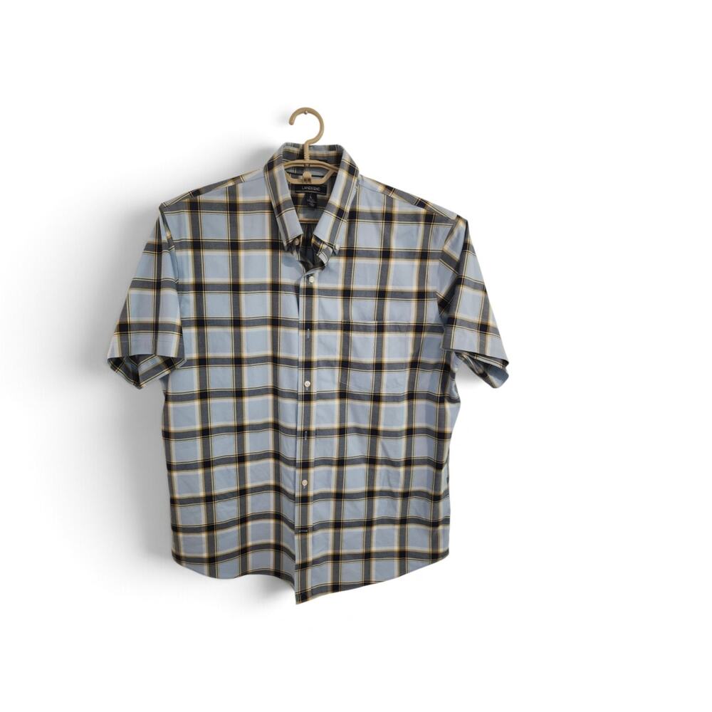Lands' End Mens Short Sleeve Button Down Shirt Plaid No Iron Twill Blue Size L